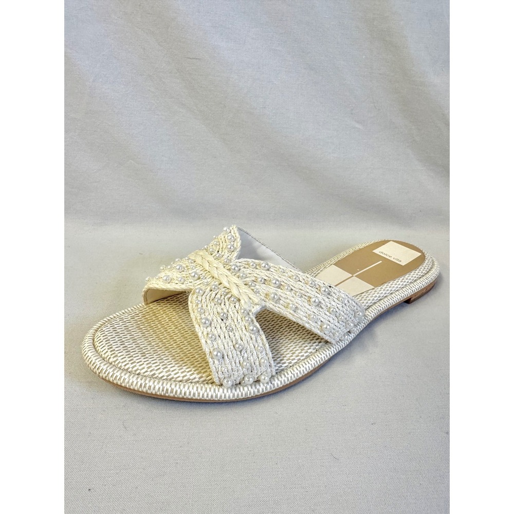 Dolce Vita Atomic Raffia Pearl Embellished Woven‎ Slide Sandals Size 10 Coastal
